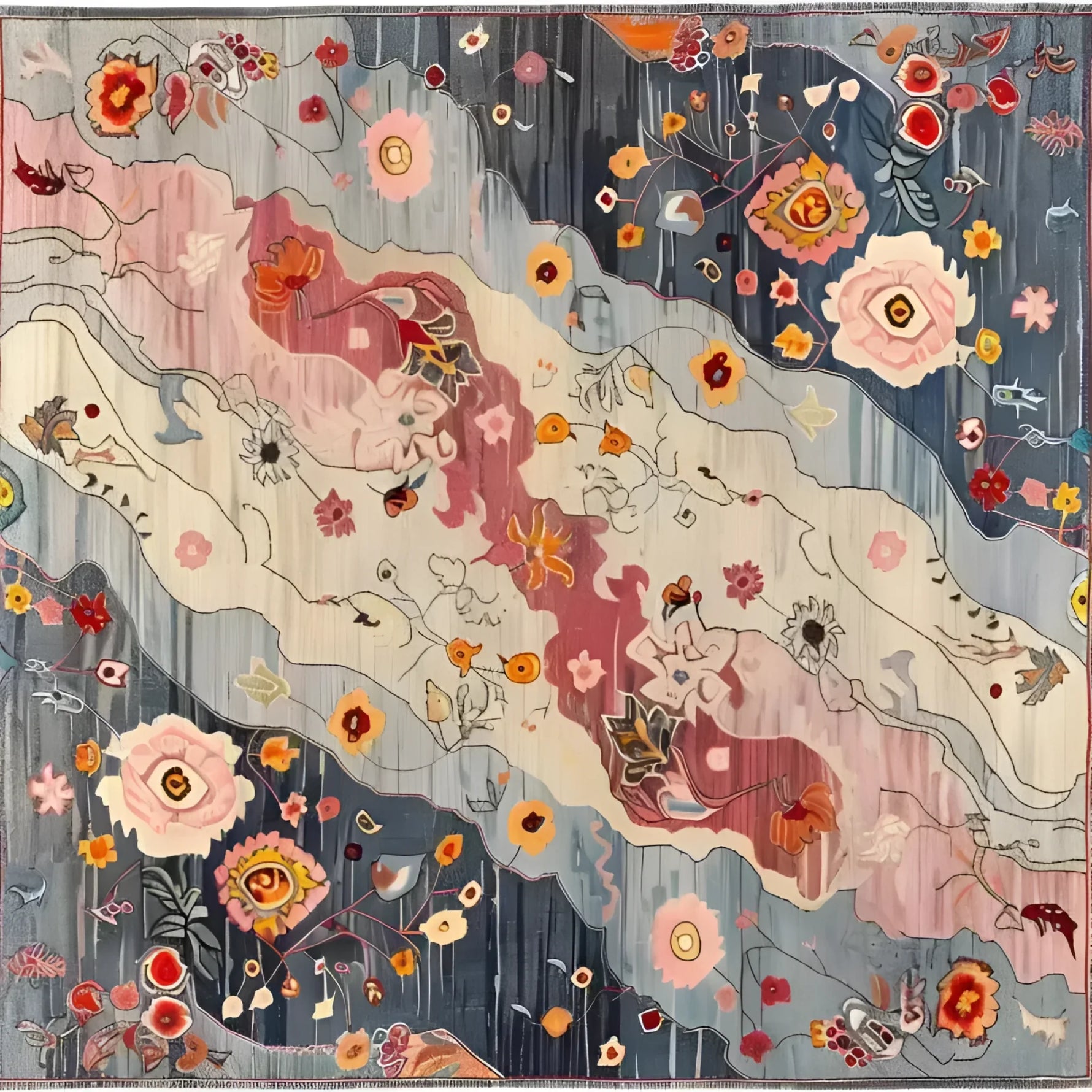Top view of the Mystic Meadow Hand Knotted Area Rug, a vibrant square area rug featuring an abstract floral design with rich colors like pink, blue, and orange. This wool rug is perfect for contemporary living room or office spaces, adding a touch of elegance and warmth.