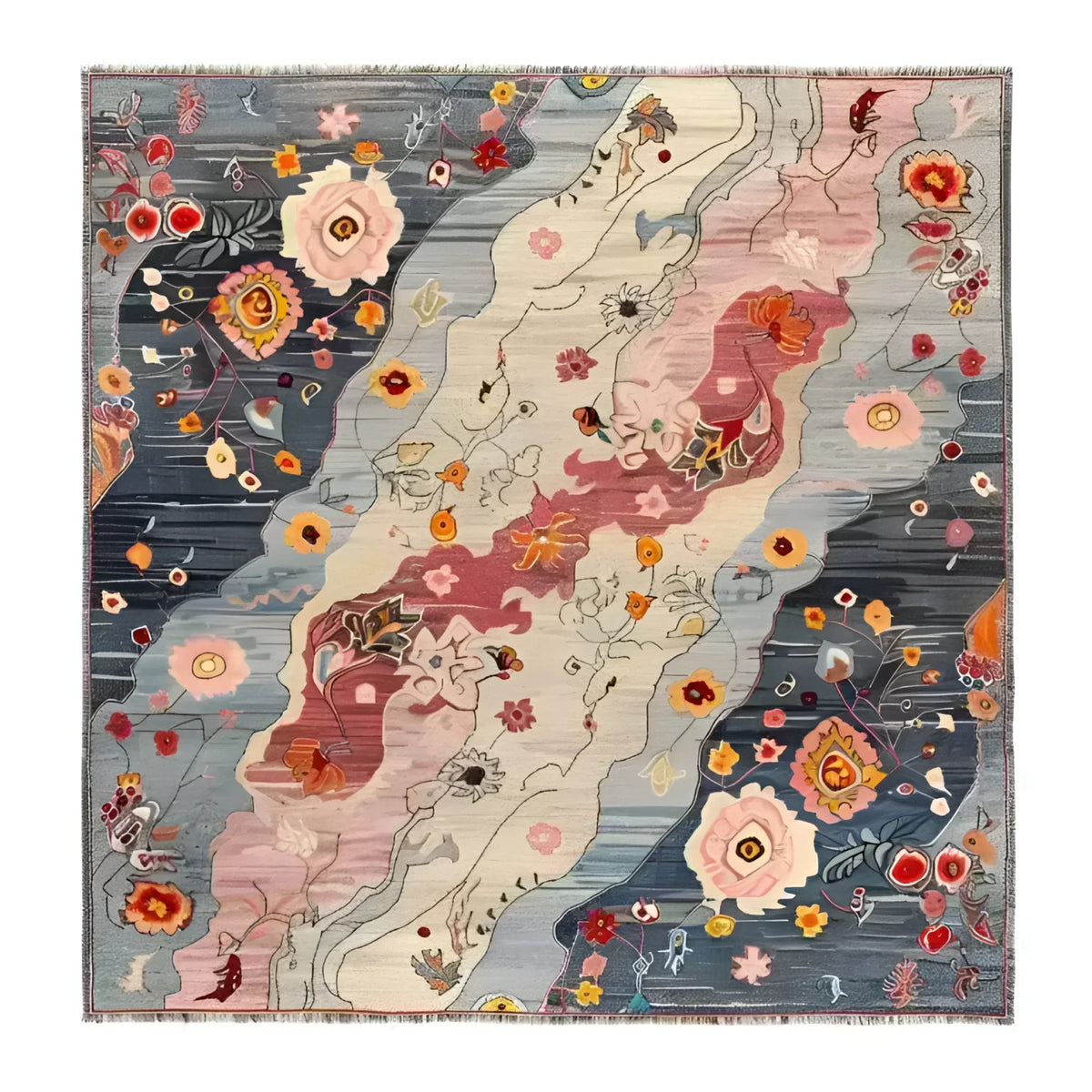 Mystic Meadow Hand Knotted Area Rug featuring a vibrant abstract floral design in shades of blue, pink, and red. This square area rug is perfect for contemporary living rooms or offices, adding a touch of elegance with its intricate wool texture. Ideal for those looking for unique living room area rugs or office rugs.