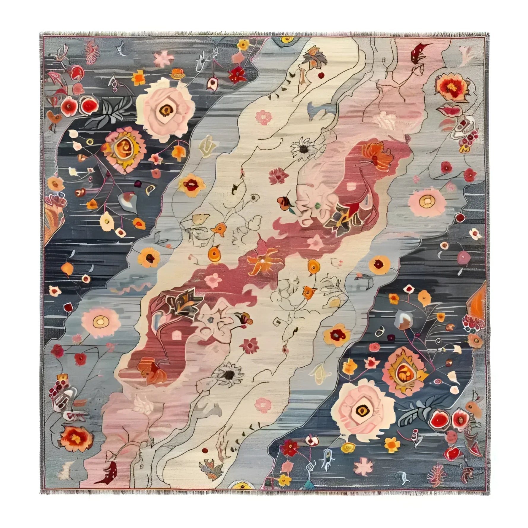 Mystic Meadow Hand Knotted Area Rug featuring a vibrant abstract floral design in shades of blue, pink, and red. This square area rug is perfect for contemporary living rooms or offices, adding a touch of elegance with its intricate wool texture. Ideal for those looking for unique living room area rugs or office rugs.