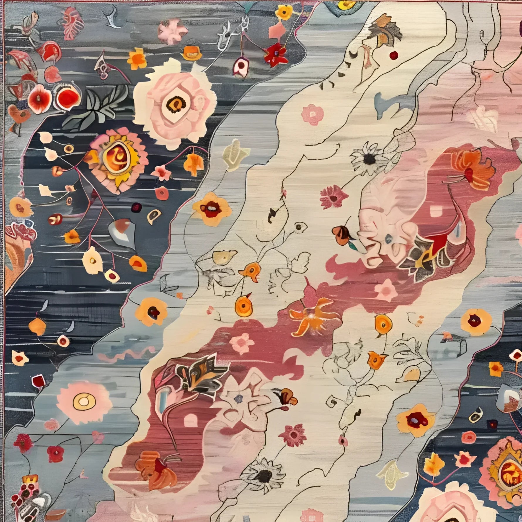 Vibrant Mystic Meadow Hand Knotted Area Rug featuring an abstract floral design in lively colors. This square area rug is perfect for adding a contemporary touch to living rooms or offices. Crafted from high-quality wool, this living room area rug offers both style and comfort.