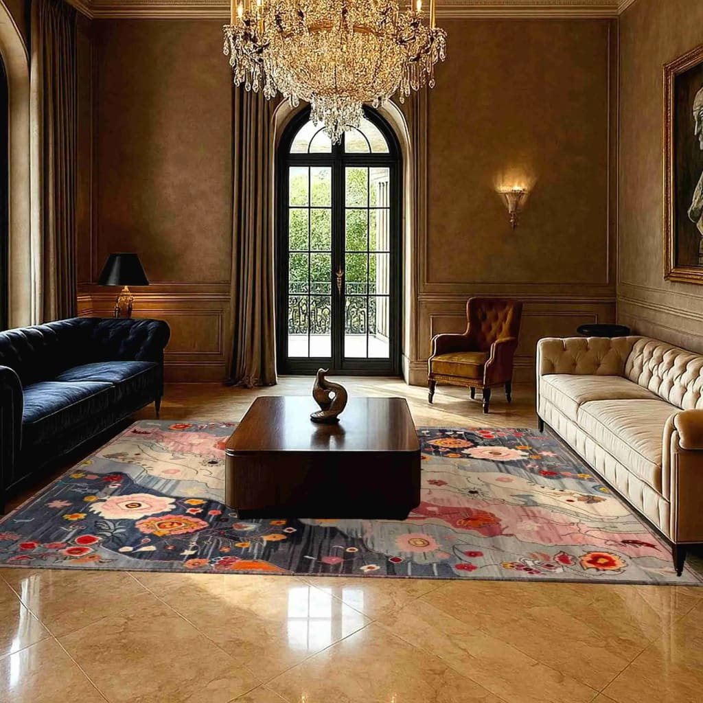 A luxurious living room featuring a Mystic Meadow Hand Knotted Area Rug, showcasing its vibrant and contemporary design. The square wool rug, adorned with colorful abstract patterns, sits elegantly beneath a wooden coffee table, complementing the classic decor. Perfect for enhancing living room or office spaces, this rug adds a touch of sophistication and warmth.