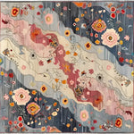 Top view of the Mystic Meadow Hand Knotted Area Rug, a vibrant square area rug featuring an abstract floral design with rich colors like pink, blue, and orange. This wool rug is perfect for contemporary living room or office spaces, adding a touch of elegance and warmth.