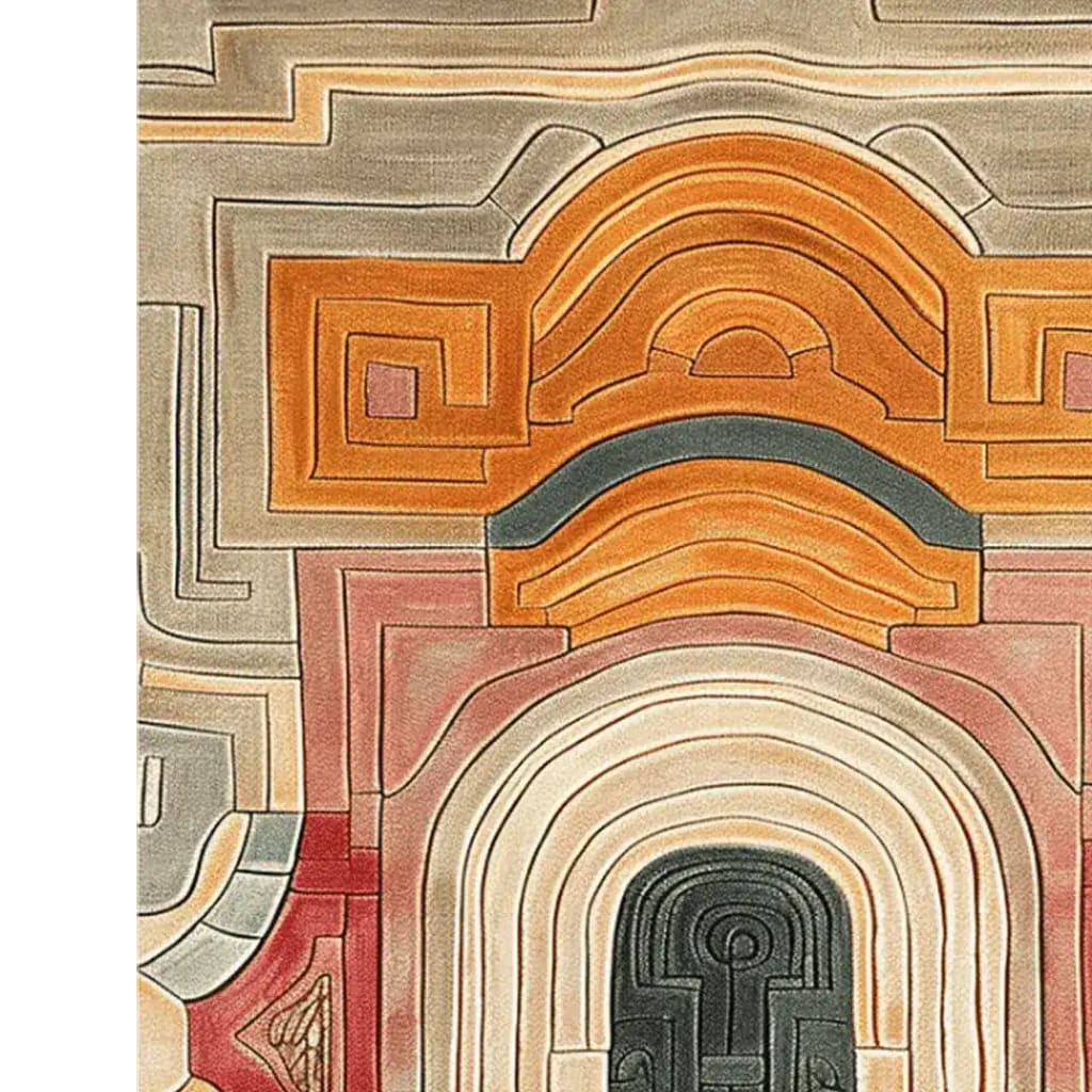 A close-up view of the Mystic Passage Hand Tufted Rug, featuring an abstract, geometric design with earthy tones. Ideal for adding a contemporary touch to your dining room or living room, this wool rug serves as a striking area rug that complements both formal dining room settings and modern decor.