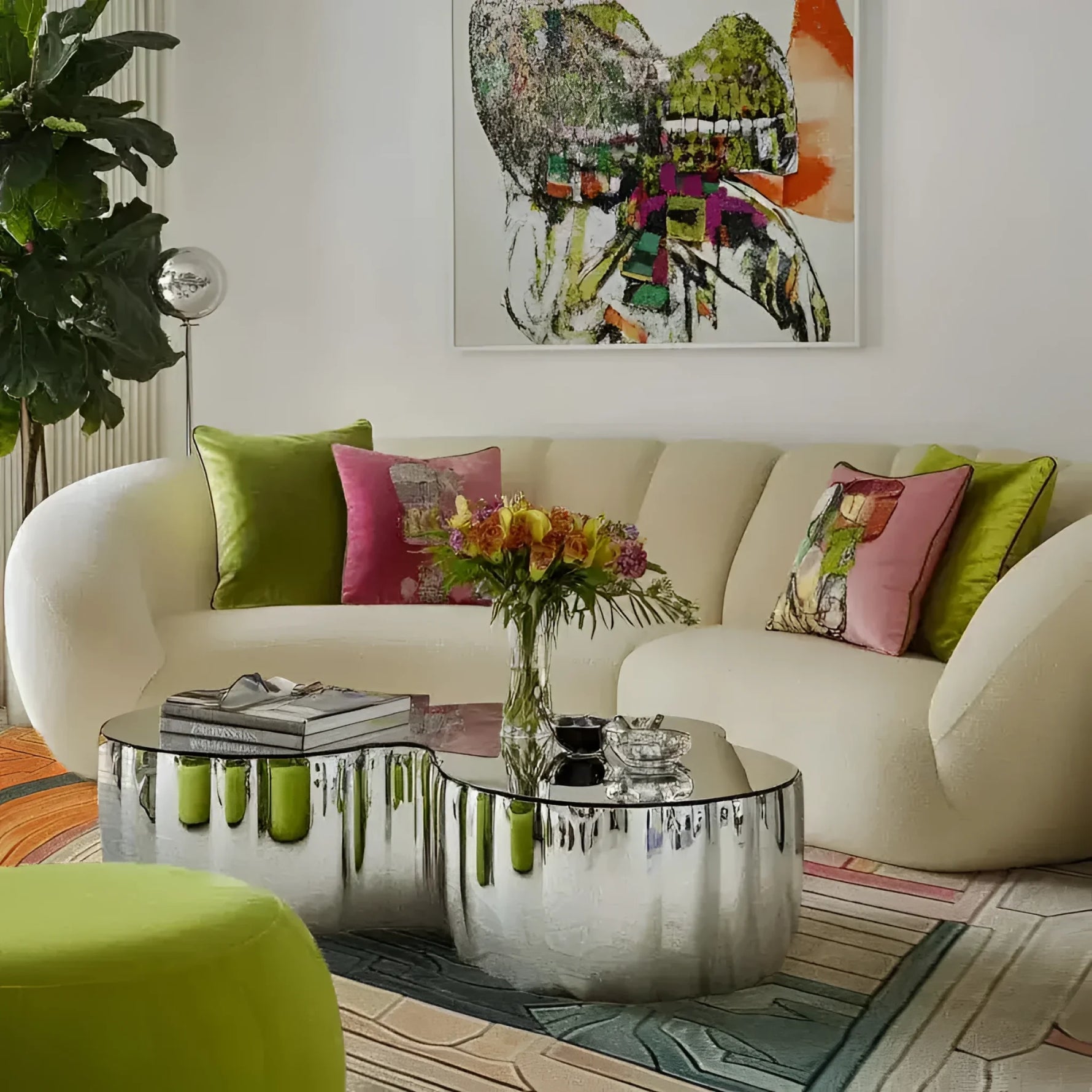 Stylish living room featuring a contemporary area rug with an abstract design, ideal for dining room or living room settings. The cozy space includes a plush cream sofa, colorful cushions, a modern silver coffee table, and artistic wall decor, embodying the perfect blend of formal dining room rugs aesthetics and comfortable wool rug texture.