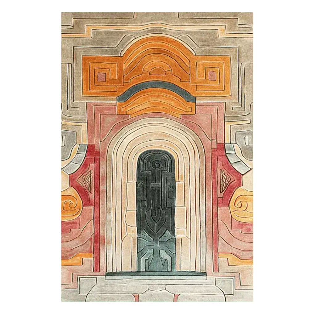 The Mystic Passage Hand Tufted Rug features an intricate abstract design with warm tones of orange, red, and beige, ideal for adding a touch of elegance to your dining room or living room. This contemporary wool area rug offers a sophisticated look, perfect for pairing with a dining table or enhancing the ambiance of a formal dining room.