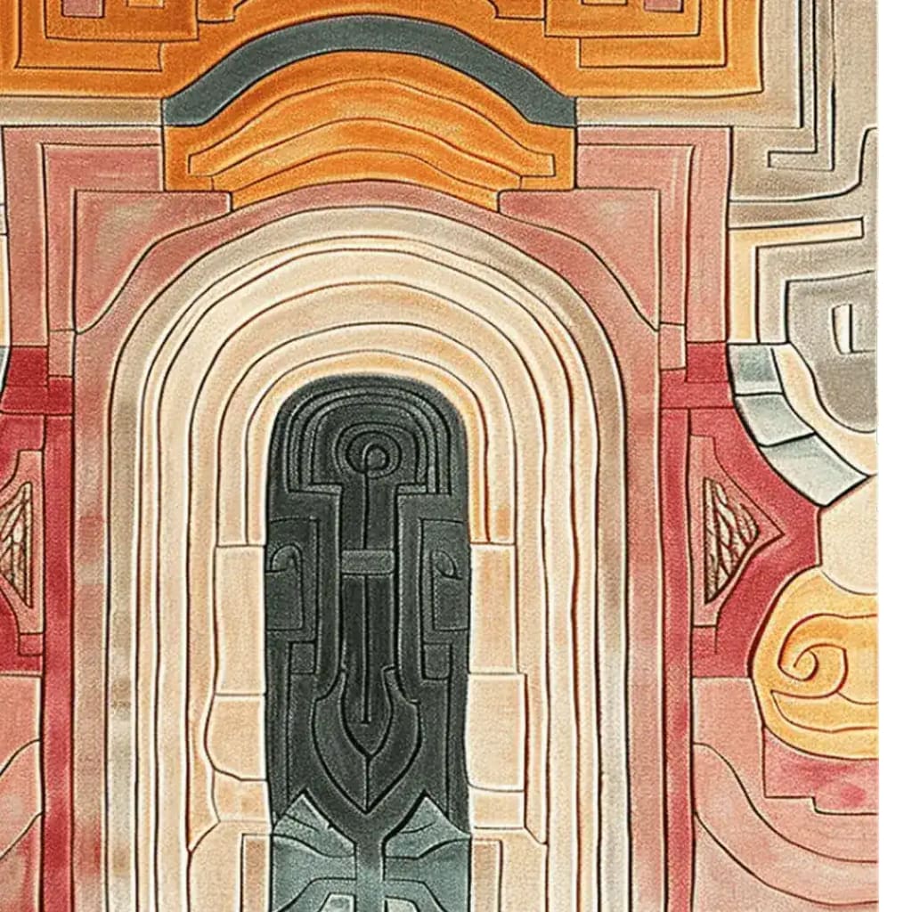 A captivating Mystic Passage Hand Tufted Area Rug featuring an abstract design with warm tones of orange, pink, and beige. This contemporary wool rug is perfect for adding a touch of elegance to a living room or formal dining room, complementing a dining table with its unique artistry.