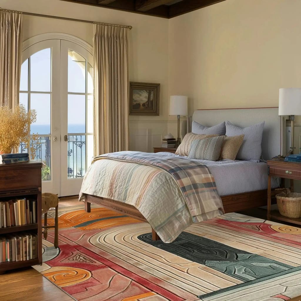 A contemporary hand-tufted area rug with an abstract design featuring earth tones is elegantly placed under a bed in a cozy bedroom. This wool rug enhances the room's warmth, making it a perfect fit for a dining room or living room, and ideal for a formal dining room setting.
