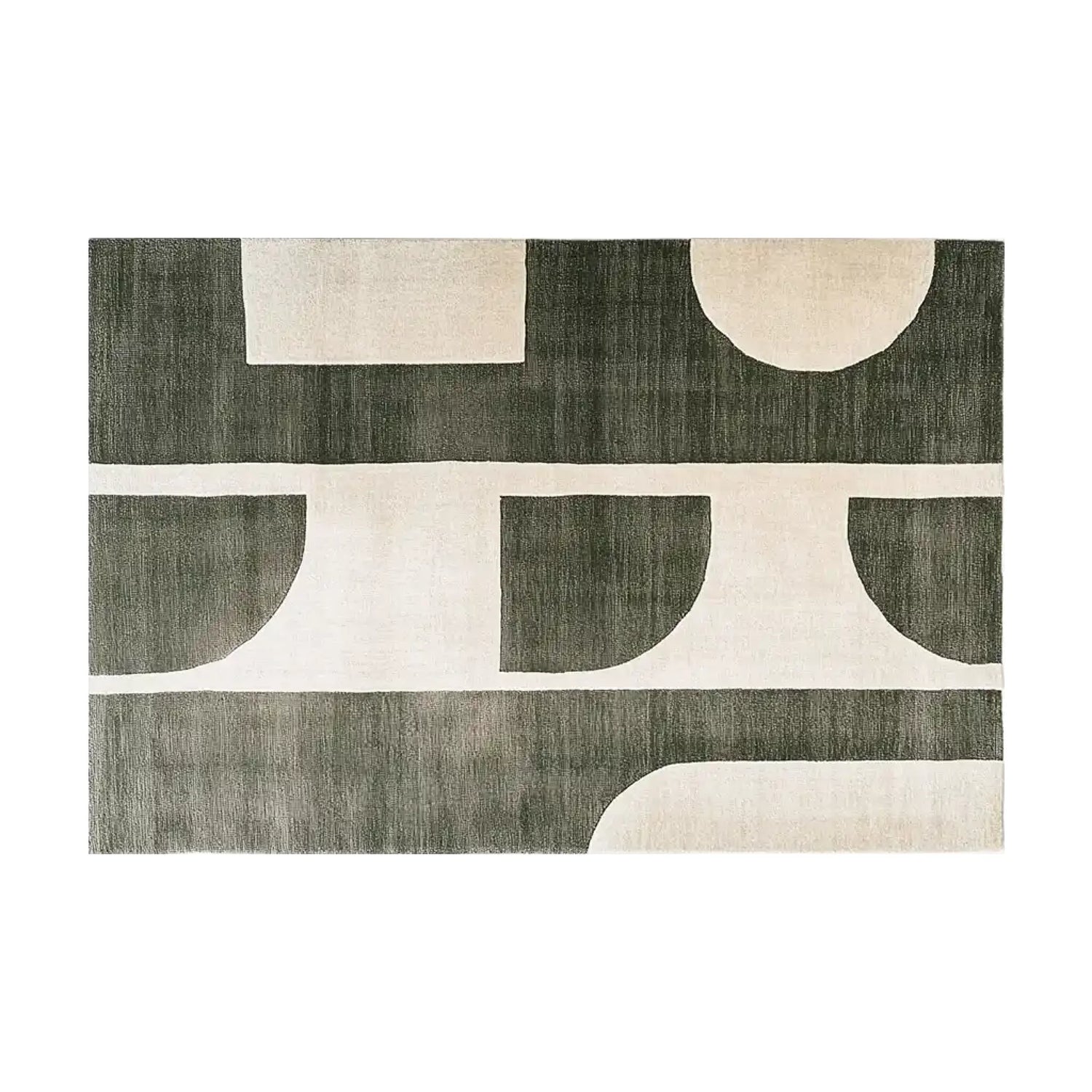 A contemporary area rug featuring an abstract geometric design in shades of dark green and cream. This wool rug adds a modern touch to any living room, perfect for those seeking stylish area rugs for living room spaces.