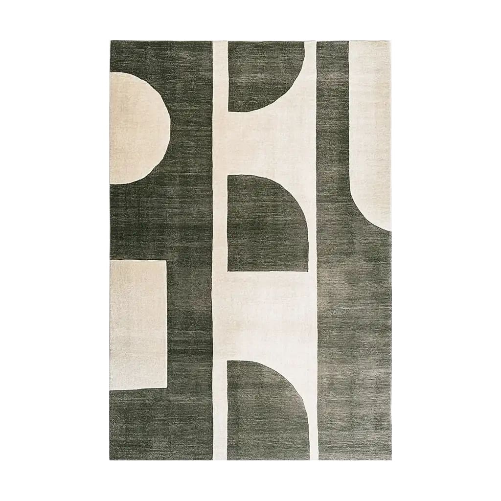 The Mystic Realm Fusion Knotted Wool Rug is a stunning area rug featuring a contemporary design. This wool rug showcases an abstract pattern with bold geometric shapes in earthy tones, perfect for adding style to your living room. Ideal for use as a living room area rug, it combines modern aesthetics with the cozy texture of wool.