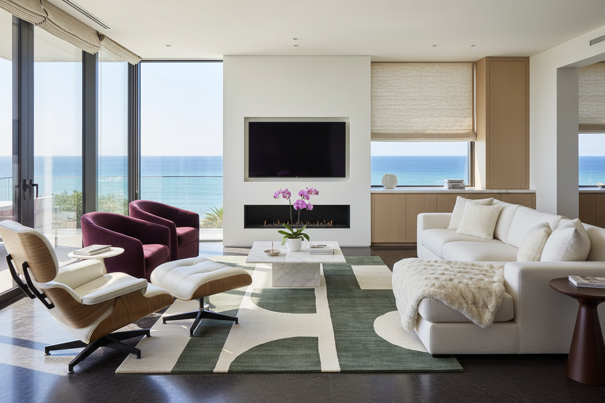 Modern living room with a view of the ocean, featuring a green rug, white sofa, armchair, and coffee table.