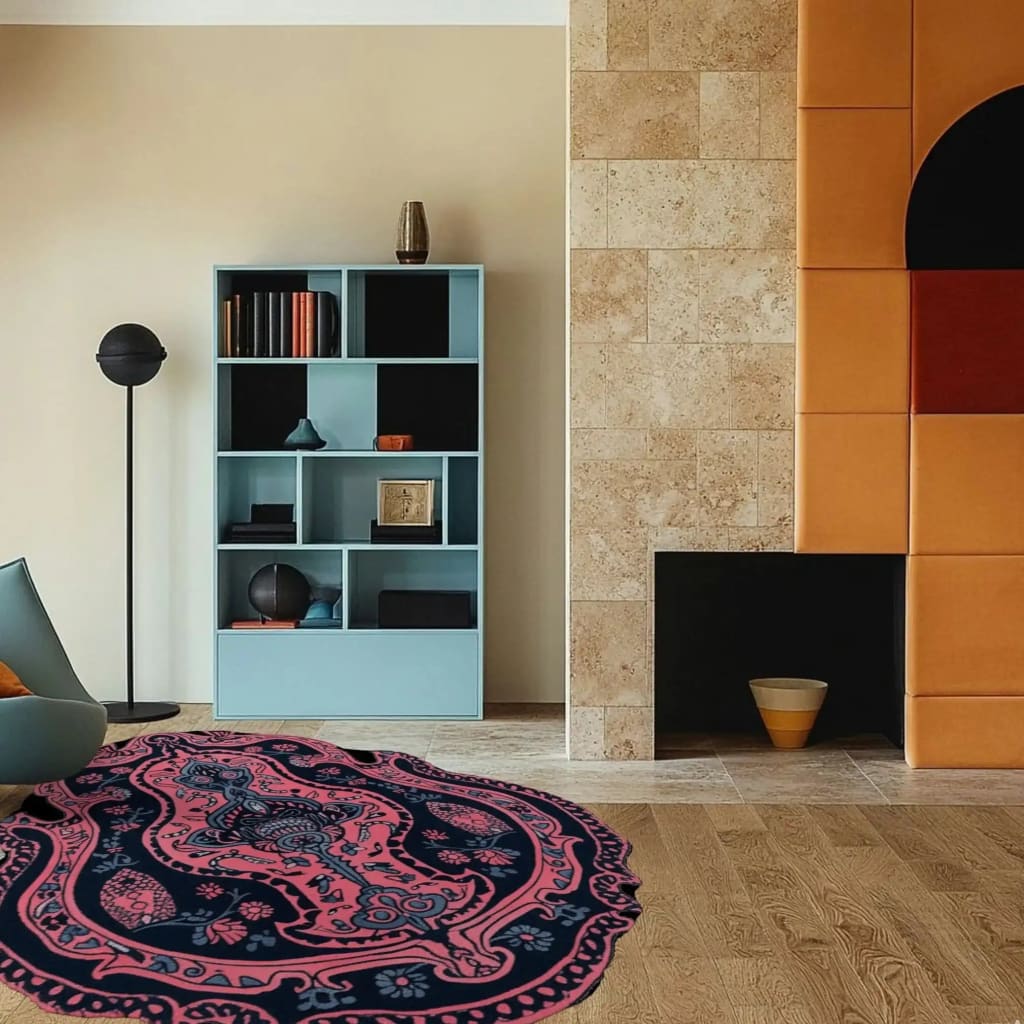 A stylish Mystic Reverie hand-tufted wool area rug with abstract patterns in rich colors, elegantly placed in a modern living room. The rug enhances the room's decor with its vibrant design, complementing the contemporary furniture and architecture. Perfect for those seeking unique living room area rugs that add warmth and personality.