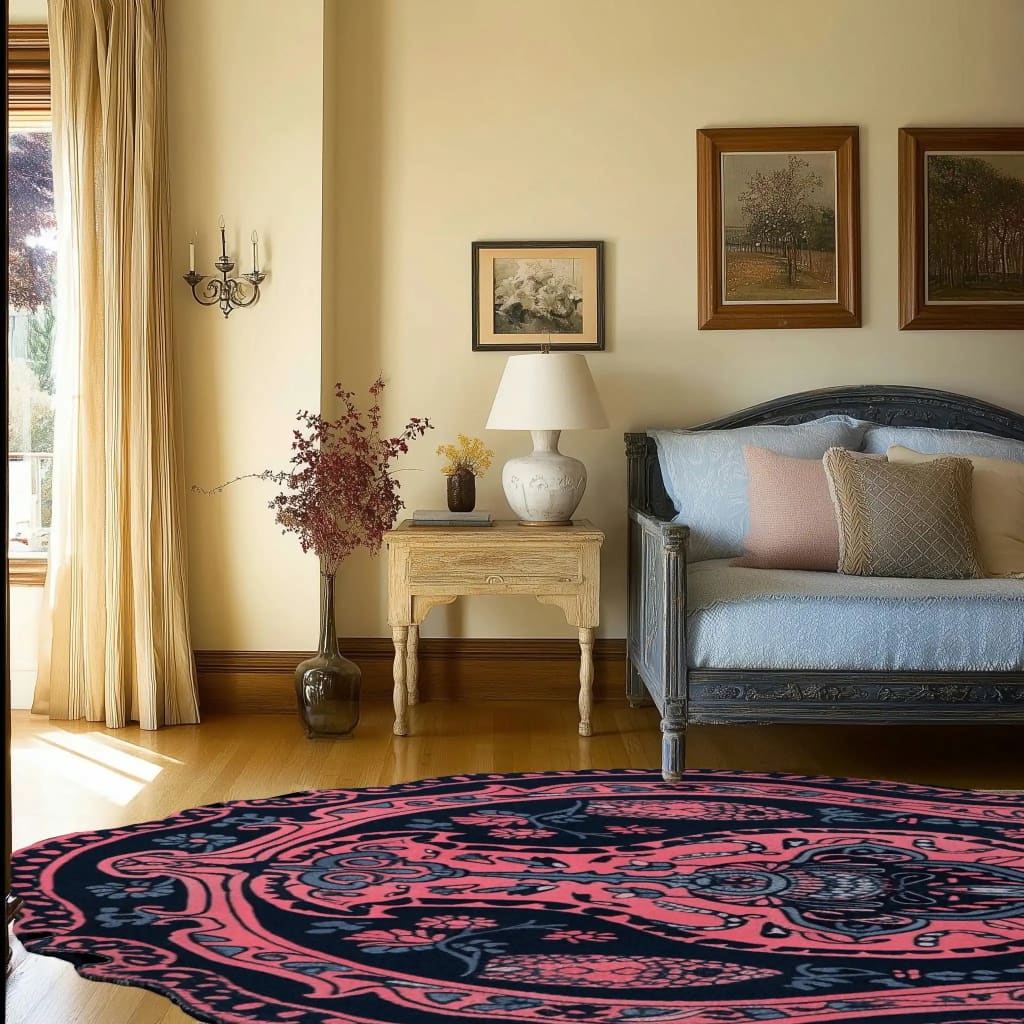 A beautifully designed Mystic Reverie Hand Tufted Area Rug in a living room setting. This wool rug features intricate patterns in warm colors, adding a touch of elegance to any space. Perfect as a centerpiece among living room area rugs, enhancing the cozy atmosphere with its soft texture.