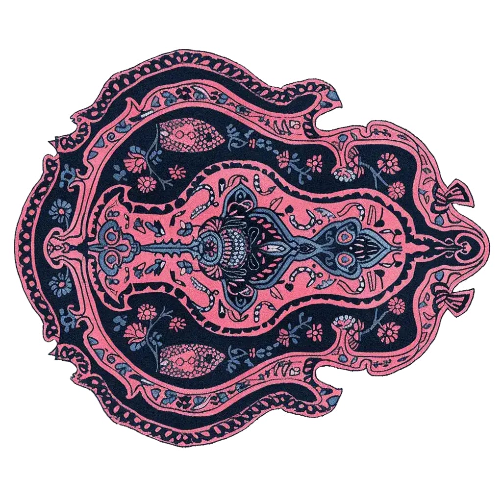 A beautifully designed Mystic Reverie Hand Tufted Rug, featuring an intricate abstract pattern with pink and navy tones. This striking wool area rug is perfect for adding a touch of elegance to your living room. Ideal for those seeking unique living room area rugs or high-quality wool rugs.