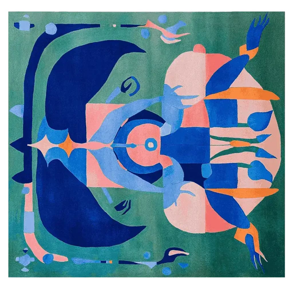 The Mystic Spirit Totem Hand Tufted Rug showcases a vibrant abstract design with bold blue and pink hues, perfect for modern living spaces. This contemporary wool area rug, available in a square shape, is ideal for adding a touch of art to large living rooms, especially in an 8x10 layout.
