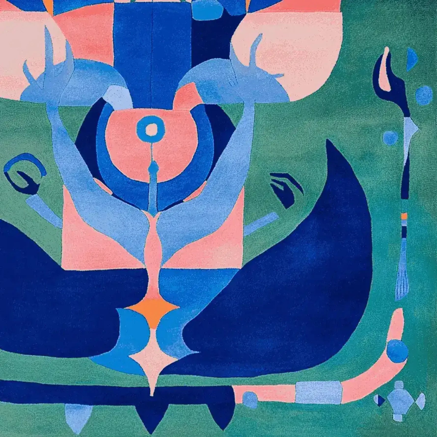 A vibrant, hand-tufted square area rug featuring an abstract design with bold blue and green hues, perfect for contemporary living rooms. This wool rug measures 8x10, making it an ideal choice for large living spaces.