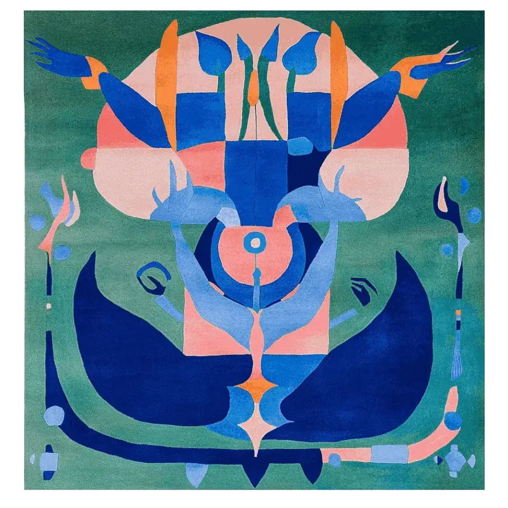 This is a vibrant, hand-tufted Mystic Spirit Totem area rug showcasing an abstract design in bold blue, green, and orange hues. Perfect for adding a contemporary touch to your living space, this square area rug is ideal for large living rooms, offering a modern aesthetic. The wool rug's intricate patterns make it a standout piece among living room rugs 8x10.