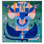 This is a vibrant, hand-tufted Mystic Spirit Totem area rug showcasing an abstract design in bold blue, green, and orange hues. Perfect for adding a contemporary touch to your living space, this square area rug is ideal for large living rooms, offering a modern aesthetic. The wool rug's intricate patterns make it a standout piece among living room rugs 8x10.