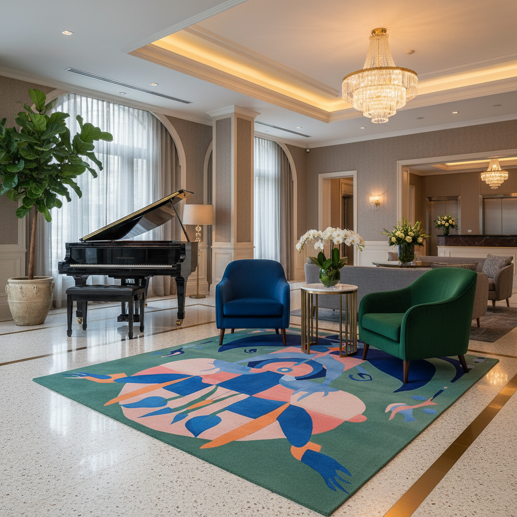 Luxurious room with a grand piano, colorful rug, and decorative chairs.