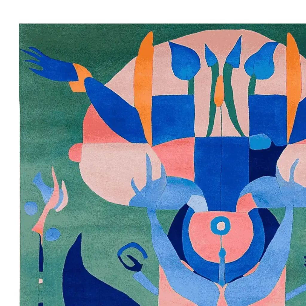 Vibrant abstract design of a Mystic Spirit Totem hand-tufted wool area rug, showcasing bold geometric patterns in blue, orange, and pink hues on a green background. Perfect for adding a contemporary touch to a living room, this large square area rug measures 8x10, ideal for modern interiors.