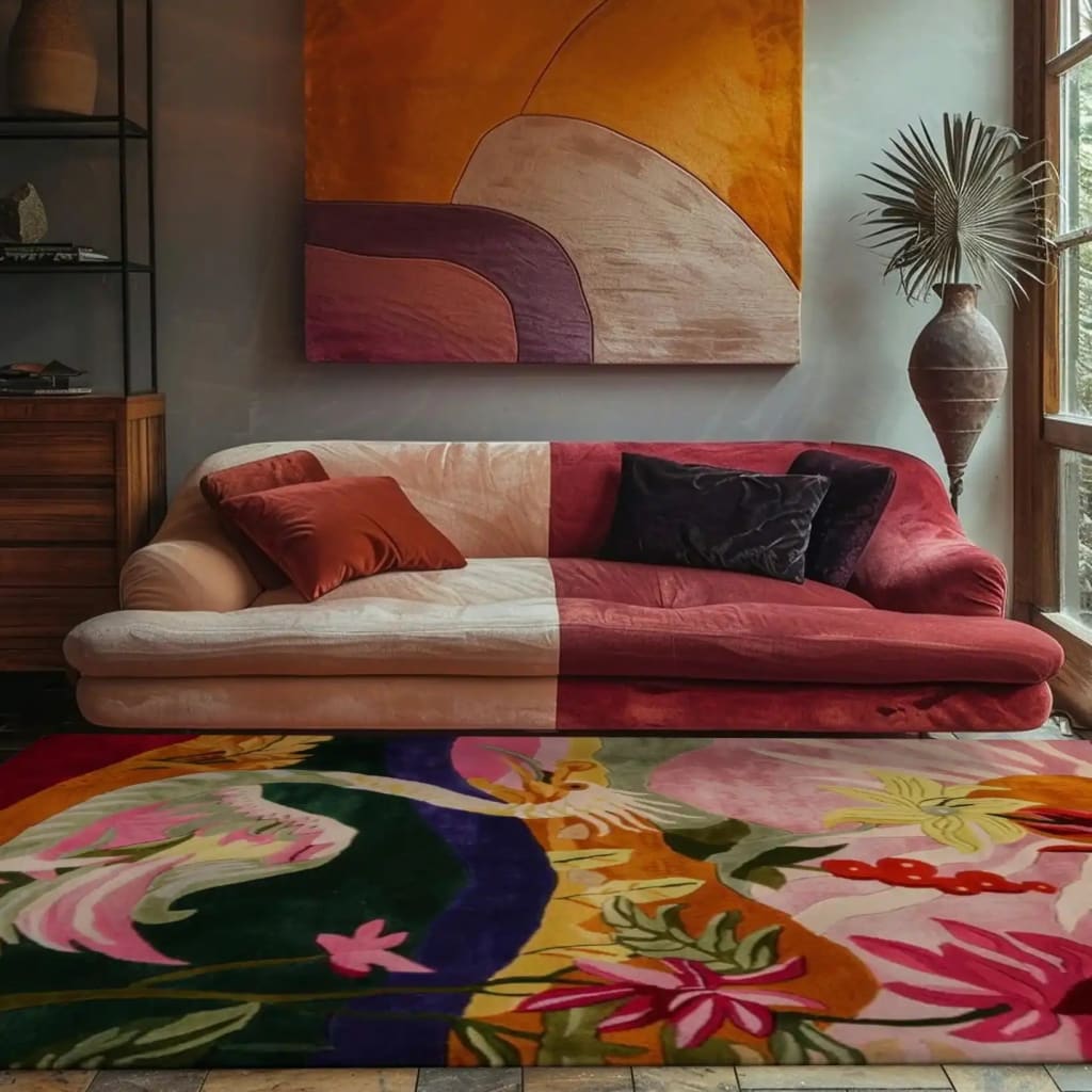 A vibrant and artistic Mystic Swan Hand Tufted Area Rug, perfect for large living rooms. This wool rug showcases a colorful abstract design with floral and swan motifs, adding a touch of elegance to the luxurious living room setting.