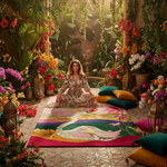 Woman sitting on a colorful rug in a vibrant, floral garden setting