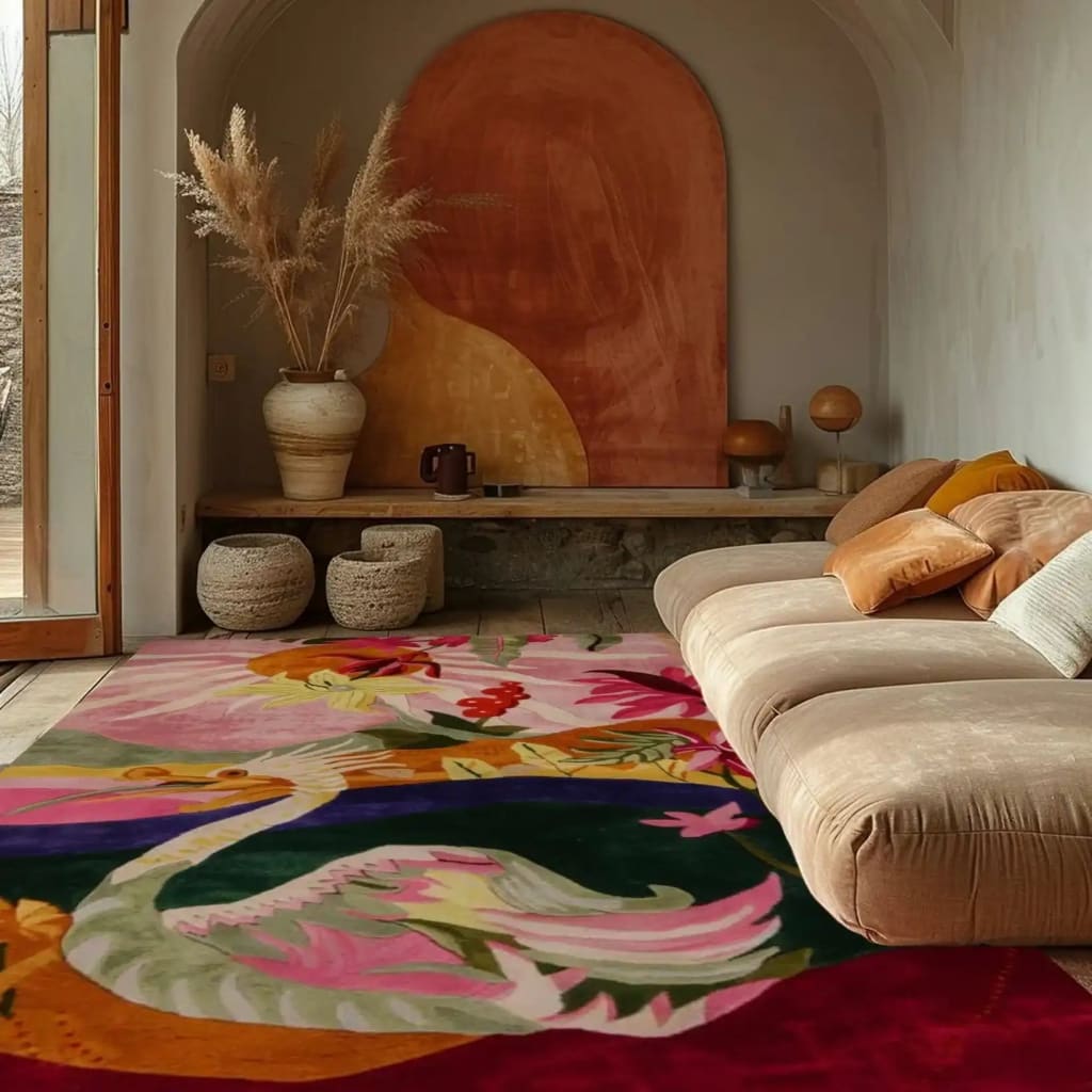 This image showcases a vibrant Mystic Swan Hand Tufted Area Rug in a cozy living room setting. The wool rug features a bold, colorful design with abstract swan motifs, adding a touch of artistic elegance to the space. Ideal for large living rooms, this area rug enhances the warmth and style of your home decor, perfectly complementing the neutral-toned couch and minimalist decor.
