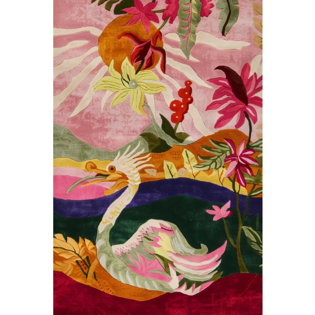 Vibrant Mystic Swan Hand Tufted Area Rug featuring a colorful, abstract design with floral motifs and a swan, ideal for adding a pop of color to your living room. This large wool rug is perfect for those seeking unique area rugs for living room decor.