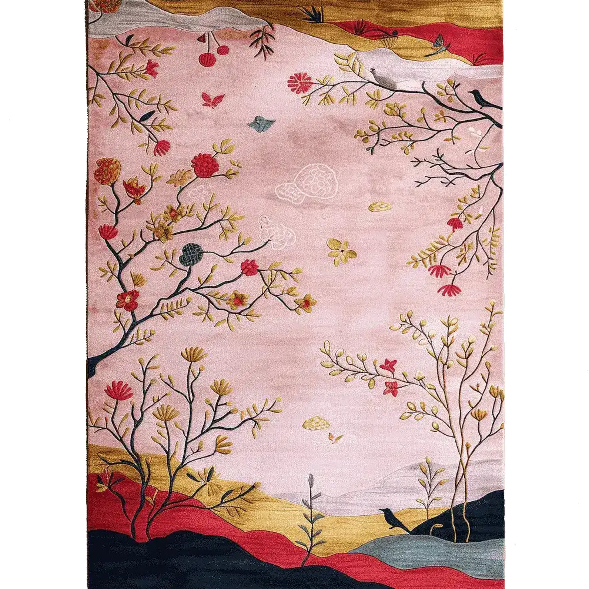 The Mystic Valley Bloom Hand Tufted Rug is a stunning area rug featuring a vibrant floral design. Perfect for adding a touch of elegance to living room area rugs, this wool rug showcases intricate branches and blossoms in rich hues against a soft background. Ideal for those seeking large living room rugs with a unique and artistic flair.
