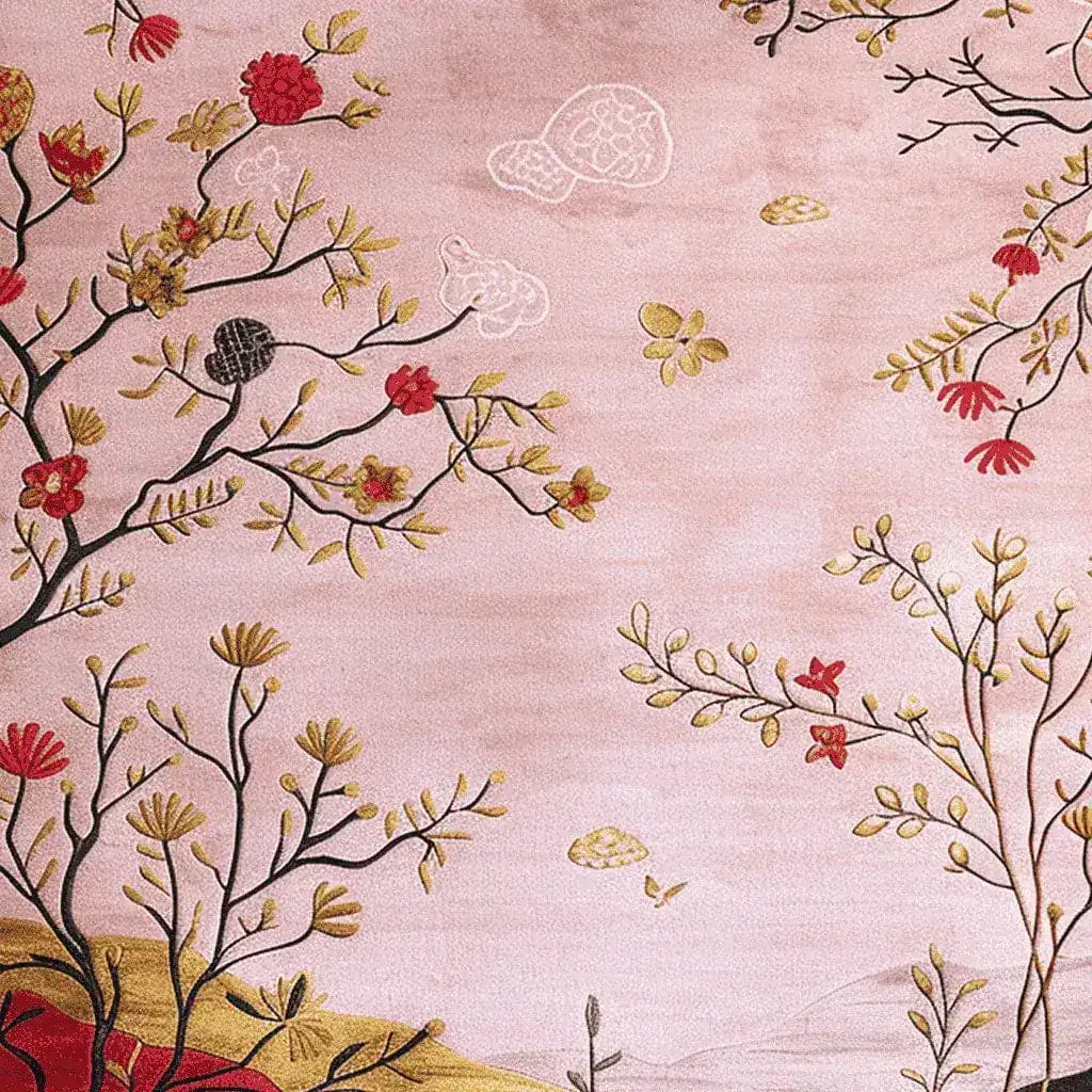 Beautiful Mystic Valley Bloom Hand Tufted Area Rug featuring a floral design with vibrant red and yellow flowers on a soft pink background. Perfect for enhancing large living room spaces, this wool rug adds a touch of elegance and warmth to your home decor.