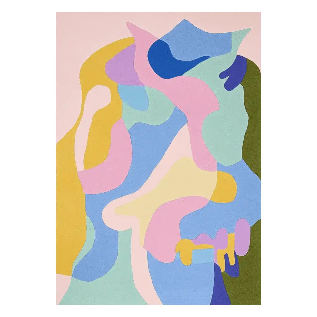 The Mystic Wave Hand Tufted Area Rug features an abstract design with vibrant colors including pink, blue, yellow, and green. This contemporary wool rug is perfect for adding a splash of color to large living rooms, enhancing your decor with its artistic flair. Ideal for those seeking stylish area rugs for living rooms.