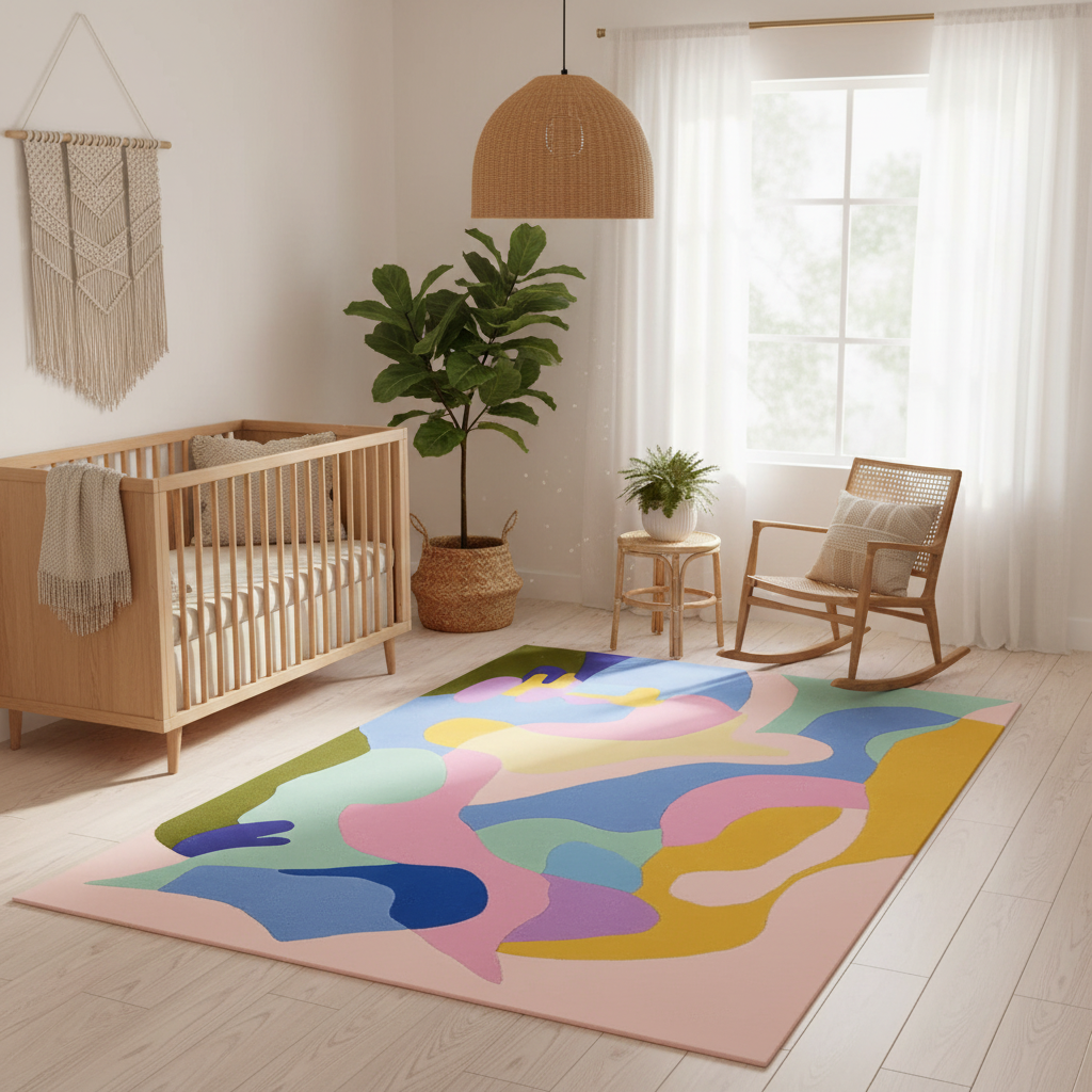 Nursery room with a colorful rug, wooden crib, and rocking chair.