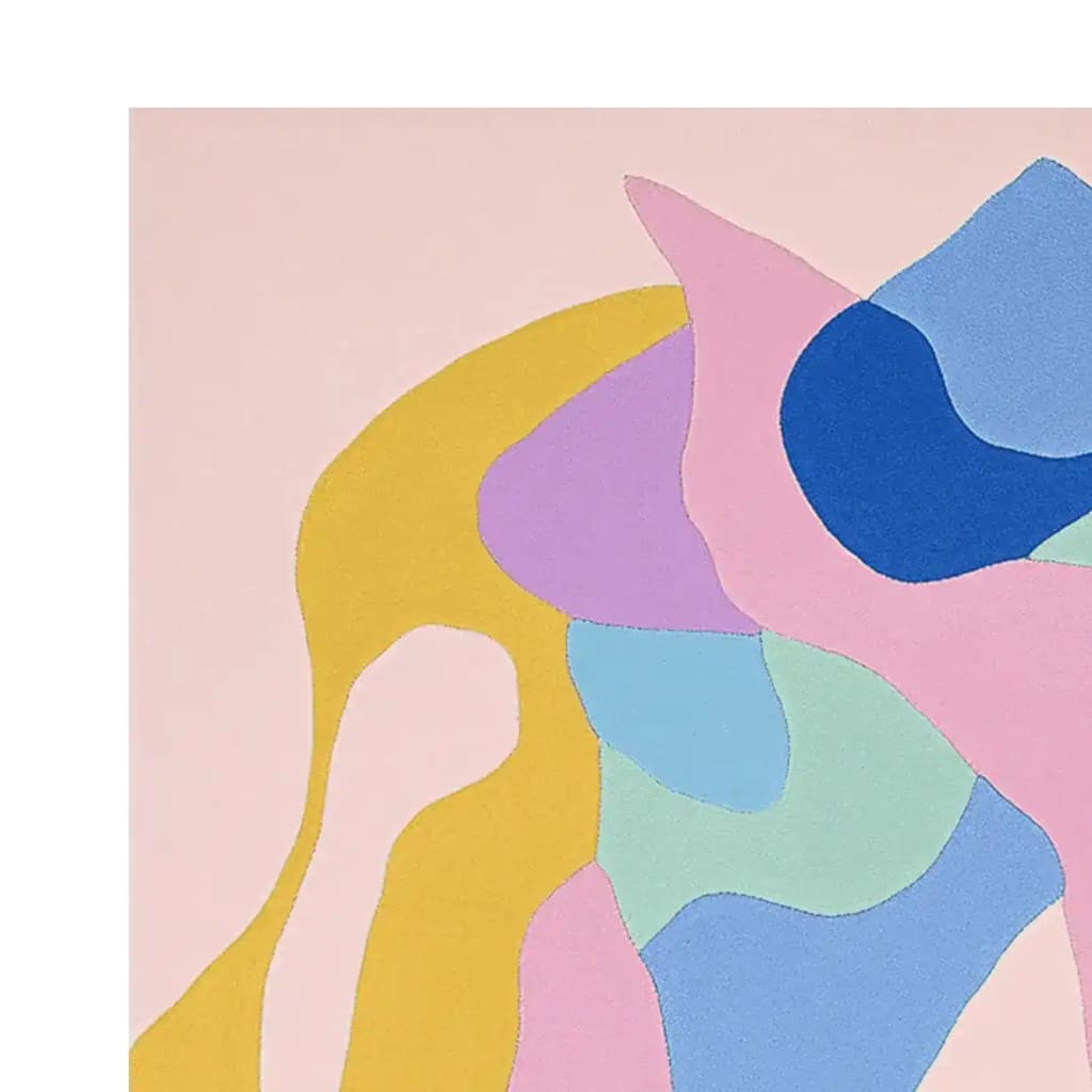 A contemporary area rug featuring an abstract design with bold, colorful shapes in shades of blue, pink, yellow, and purple. This wool rug is perfect for adding a modern touch to large living room spaces, making it an ideal area rug for living room decor.