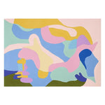 This vibrant, contemporary area rug features an abstract design with bold, swirling patterns in shades of blue, pink, yellow, and green. Perfect for adding a touch of modern style to any large living room, this wool rug offers a soft and inviting texture.