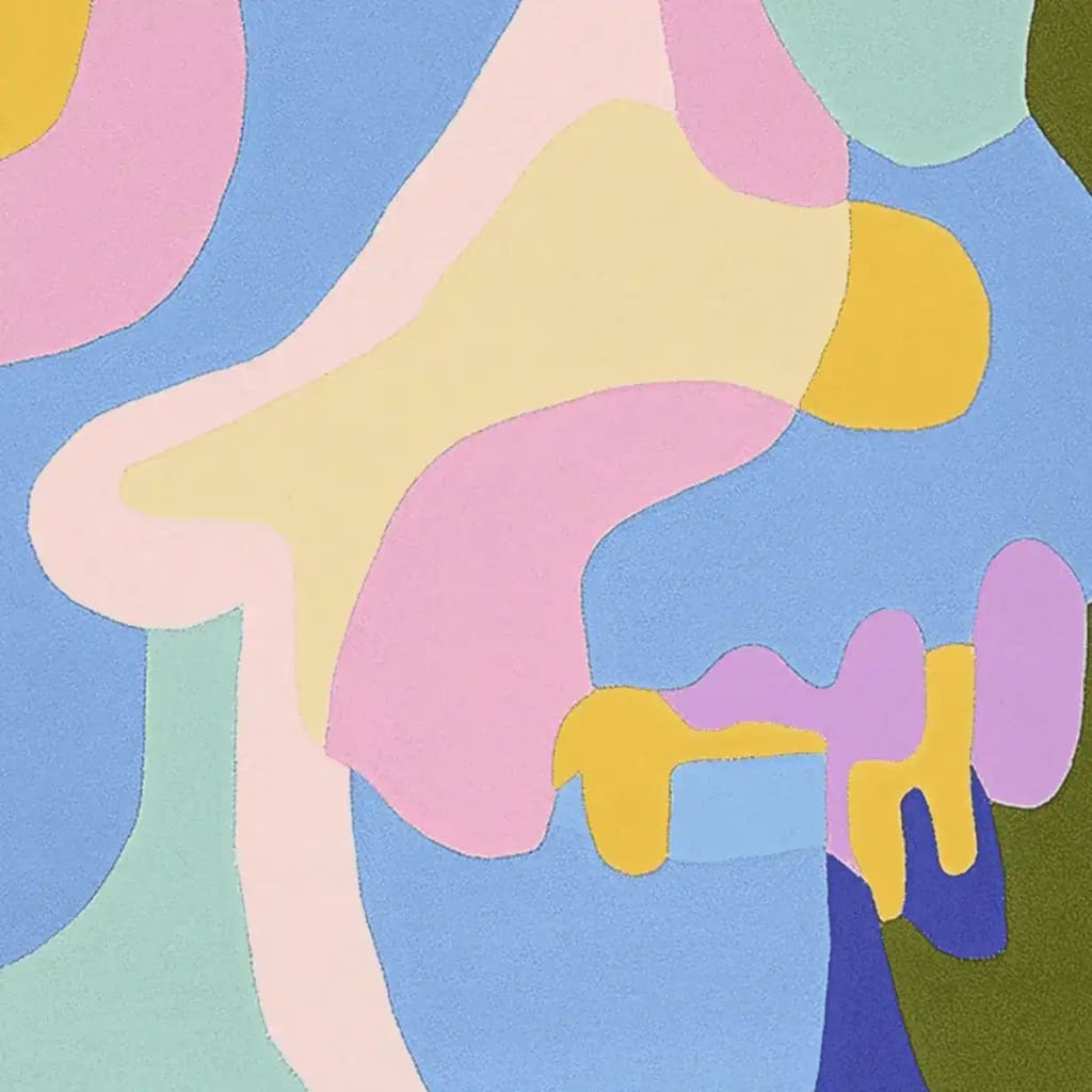 This vibrant area rug features an abstract design with flowing shapes in pastel tones of pink, blue, yellow, and green. A contemporary wool rug perfect for large living room spaces, adding a touch of modern artistry to any home decor.