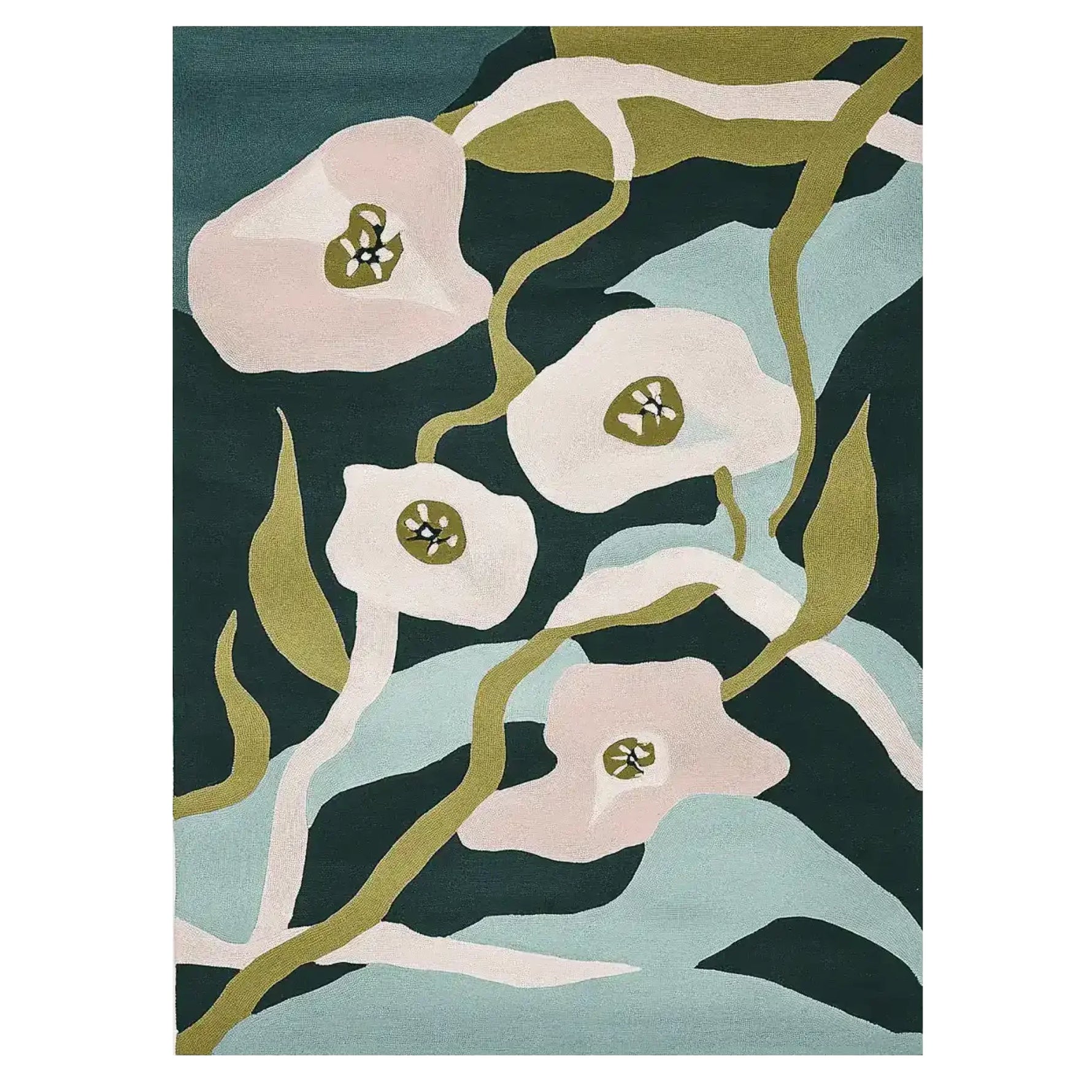 Top view of the Mythic Bloomfield Hand Tufted Area Rug showcasing a contemporary abstract floral design with soft pastel tones. Ideal as a wool rug for large living room spaces, this 8x10 rug adds a touch of elegance and modern style.