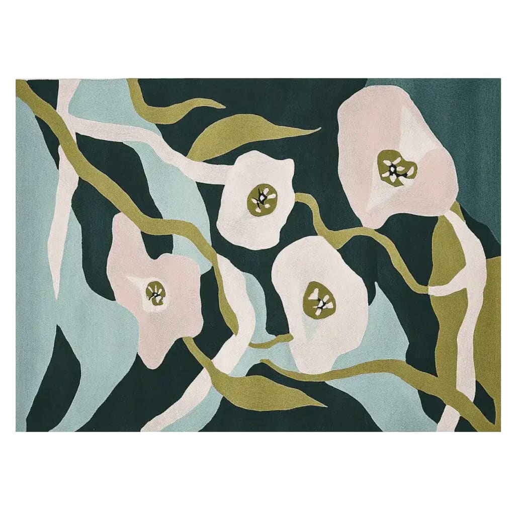 A vibrant area rug featuring an abstract floral design with soft pastel tones and bold lines, perfect for a contemporary living room. This wool rug, sized at 8x10, adds a touch of modern elegance, making it an ideal choice for those seeking large living room rugs with a unique style.