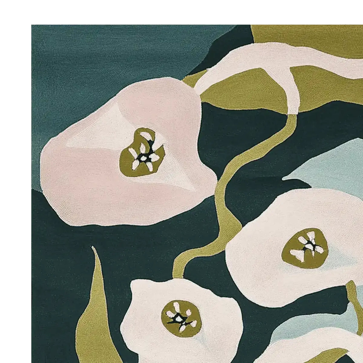 Close-up view of the Mythic Bloomfield Hand Tufted Area Rug, showcasing its contemporary design with abstract floral patterns. This wool rug is perfect for a modern living room, available in an 8x10 size for those seeking large living room rugs.