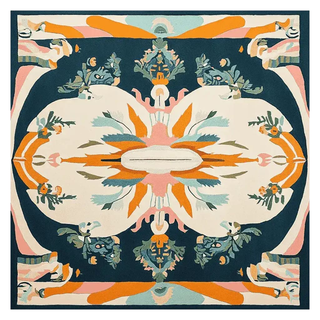 This vibrant Mythic Floral Mirage Hand Tufted Rug showcases a contemporary abstract design with bold floral motifs, perfect for enhancing your living space. The square area rug, crafted from high-quality wool, features a harmonious blend of blue, orange, and cream colors, making it an ideal choice for living room rugs 8x10. Its unique design adds a modern touch to any room, while the durable wool construction ensures lasting comfort and style.