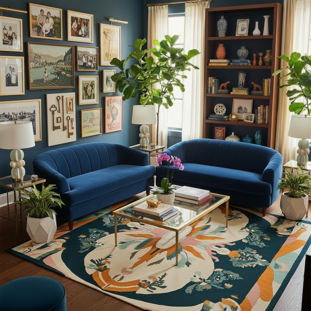 Living room with blue sofas, a coffee table, a contemporary hand-tufted wool rug, and decorative items on a patterned rug.