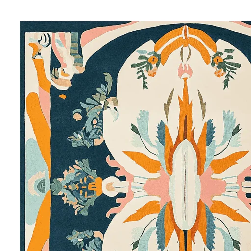 A vibrant contemporary area rug showcasing an abstract floral design. This square wool rug features bold colors like deep blue, orange, and soft pink, ideal for adding a stylish touch to living room rugs 8x10. The hand-tufted pattern brings a modern flair to any space, perfect for those seeking unique area rugs for living room settings.