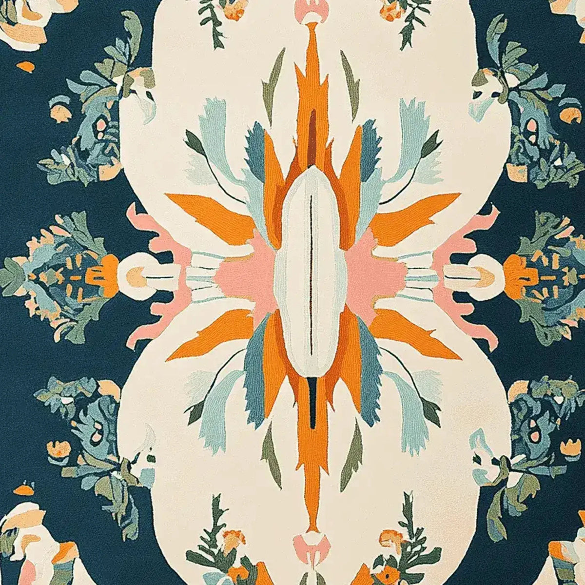 A vibrant and contemporary square area rug featuring an abstract floral design in bold colors. Perfect for adding a touch of elegance to living room spaces, this hand-tufted wool rug measures 8x10, showcasing intricate patterns ideal for modern decor.