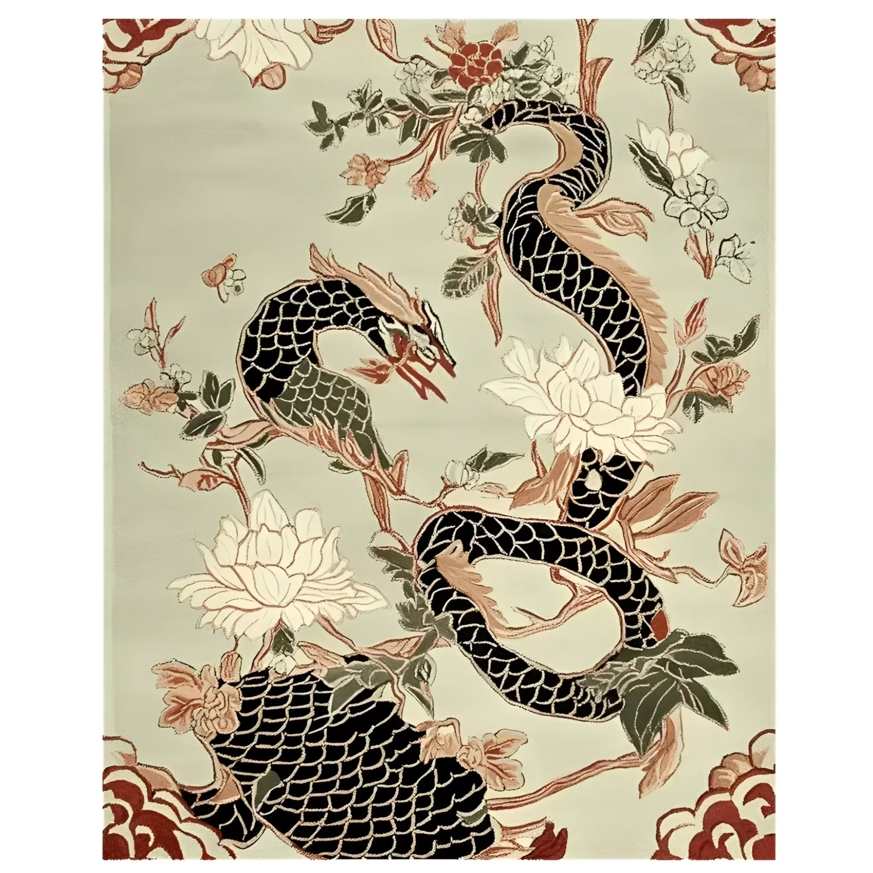 A beautifully detailed area rug featuring a dragon design intertwined with floral patterns. This wool rug offers an elegant touch, perfect for large living room spaces. The intricate design and subtle colors make it an ideal choice for those seeking unique rugs for living room decor.