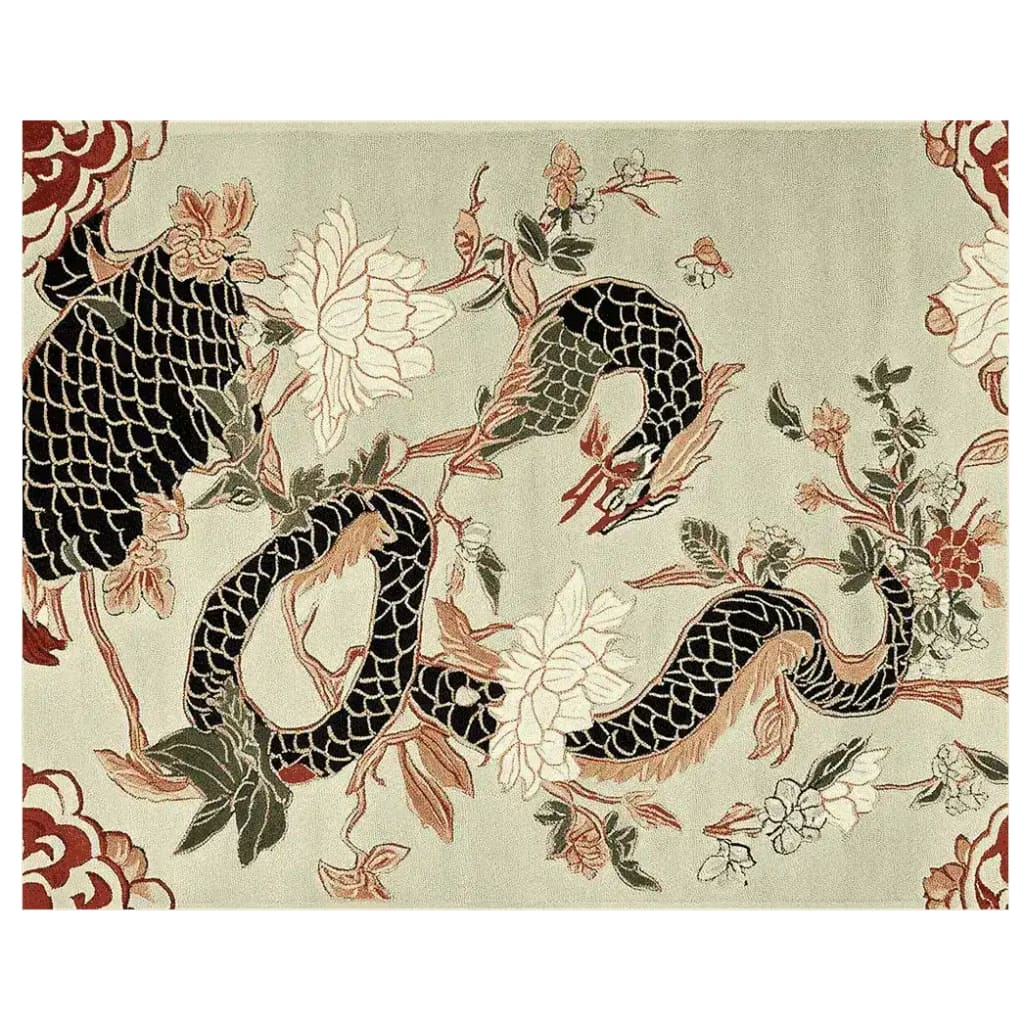 A beautifully designed area rug featuring an intricate dragon and floral pattern in warm, earthy tones. This wool rug is perfect for adding a touch of elegance to large living room spaces, creating a cozy and inviting atmosphere.