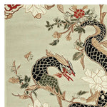 Intricately designed Mythic Garden Hand Tufted Area Rug, showcasing a striking dragon and floral pattern. This wool rug is perfect for adding elegance to large living room spaces.