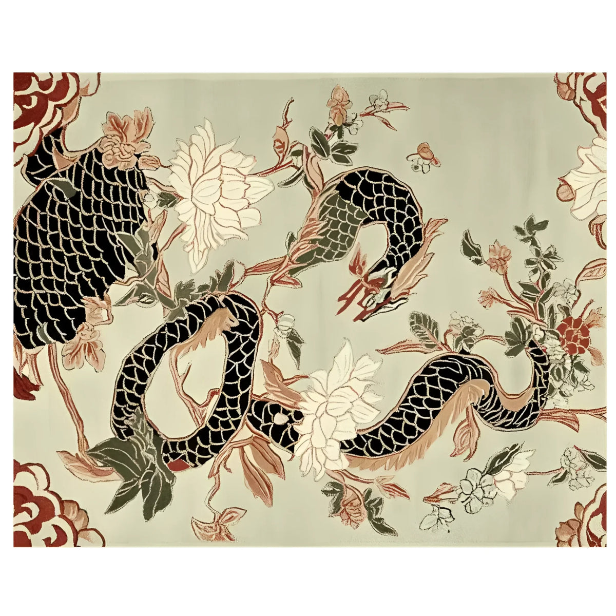 A beautifully designed area rug featuring an intricate dragon and floral pattern in warm, earthy tones. This wool rug is perfect for adding a touch of elegance to large living room spaces, creating a cozy and inviting atmosphere.