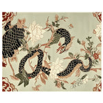 A beautifully designed area rug featuring an intricate dragon and floral pattern in warm, earthy tones. This wool rug is perfect for adding a touch of elegance to large living room spaces, creating a cozy and inviting atmosphere.