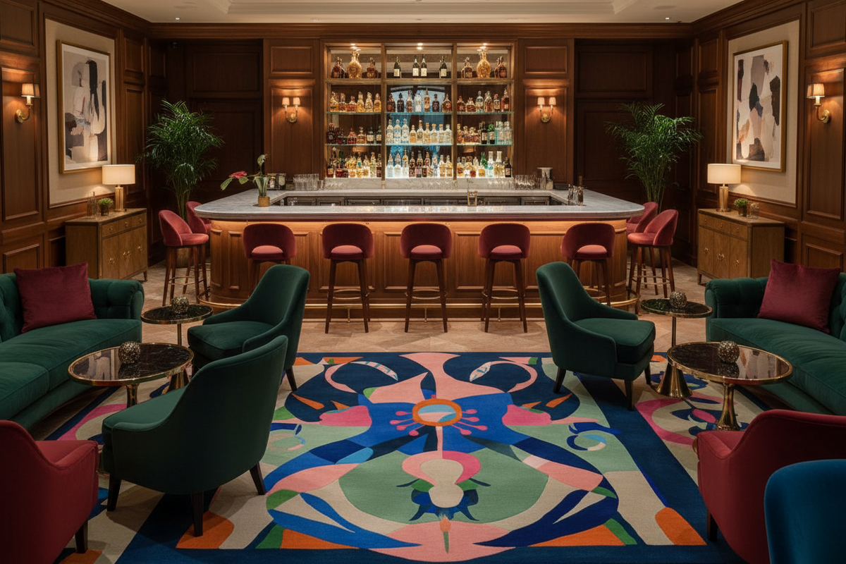 Luxury bar with green chairs, colorful rug, and well-stocked shelves.