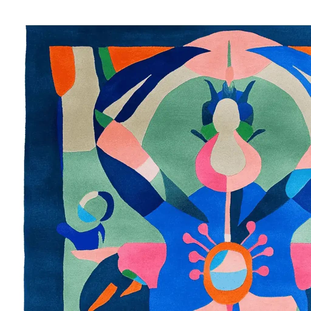 Vibrant abstract contemporary wool rug featuring a colorful pattern with bold shapes and vivid colors. This square area rug is perfect for adding a touch of modern art to your living room, showcasing a lively design that enhances any space.