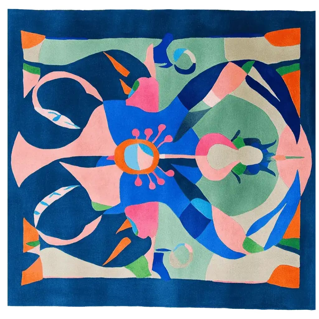 Vibrant and colorful Mythic Mirage Hand Tufted Rug showcasing an abstract design with bold blues, pinks, and greens. This square area rug is a contemporary addition to any living room, perfect for those seeking unique rugs for living room spaces. Made from high-quality wool, this square rug combines artistic flair with the comfort of a wool rug.