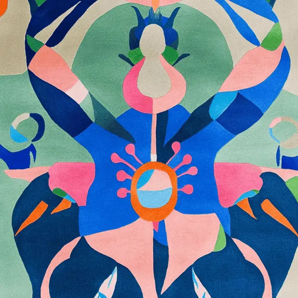 Vibrant Mythic Mirage Hand Tufted Area Rug featuring an abstract design with bold colors like blue, pink, and green, suitable for contemporary living rooms. This square wool rug adds a modern touch to any space, perfect as a centerpiece in rugs for living room settings.